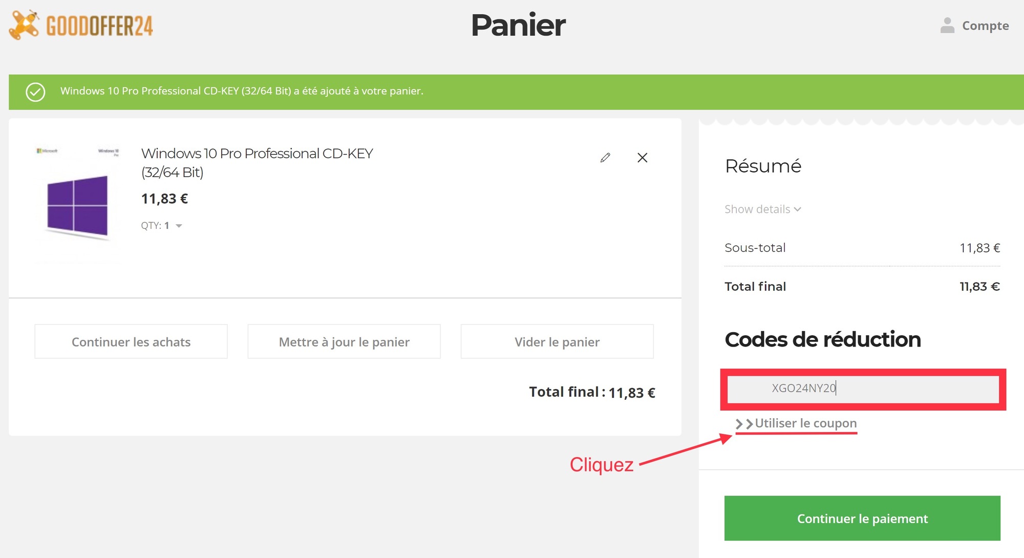 Goodoffer24, appliquer le code promotionnel 