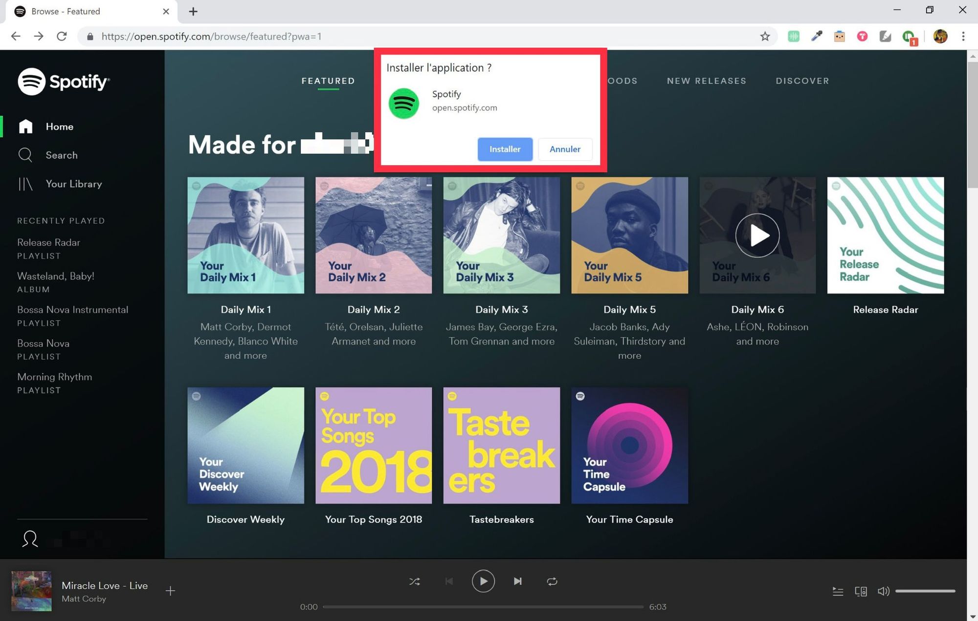 spotify installer 2 - Chrome 73 : mode sombre, Qwant et support PWA (Progressive Web App) - Le Café du Geek - LCDG Spotify PWA - Cliquez sur Installer