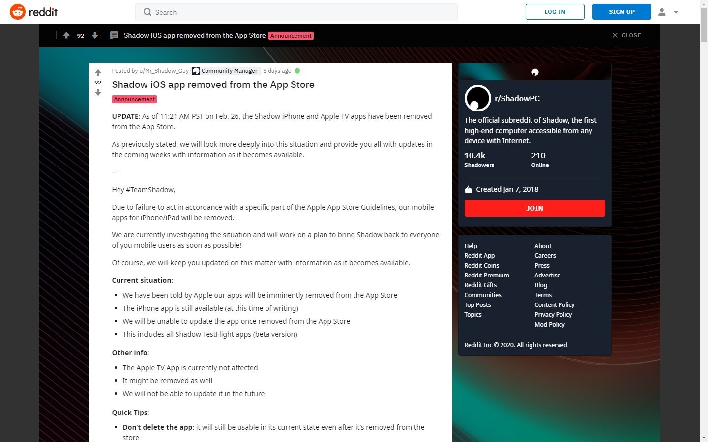 Shadow retiré App Store page reddit