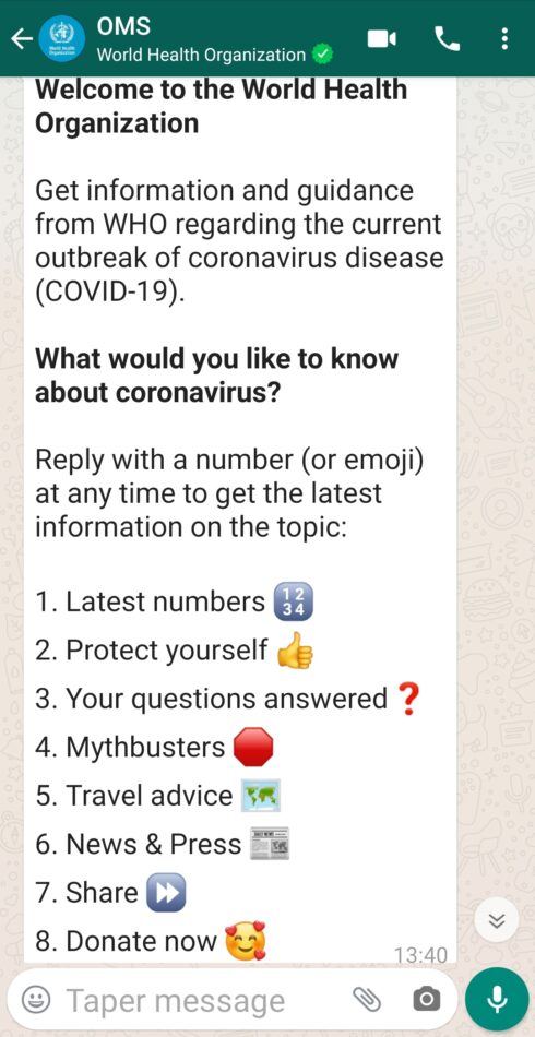 WhatsApp chatbot coronavirus covid-19 OMS