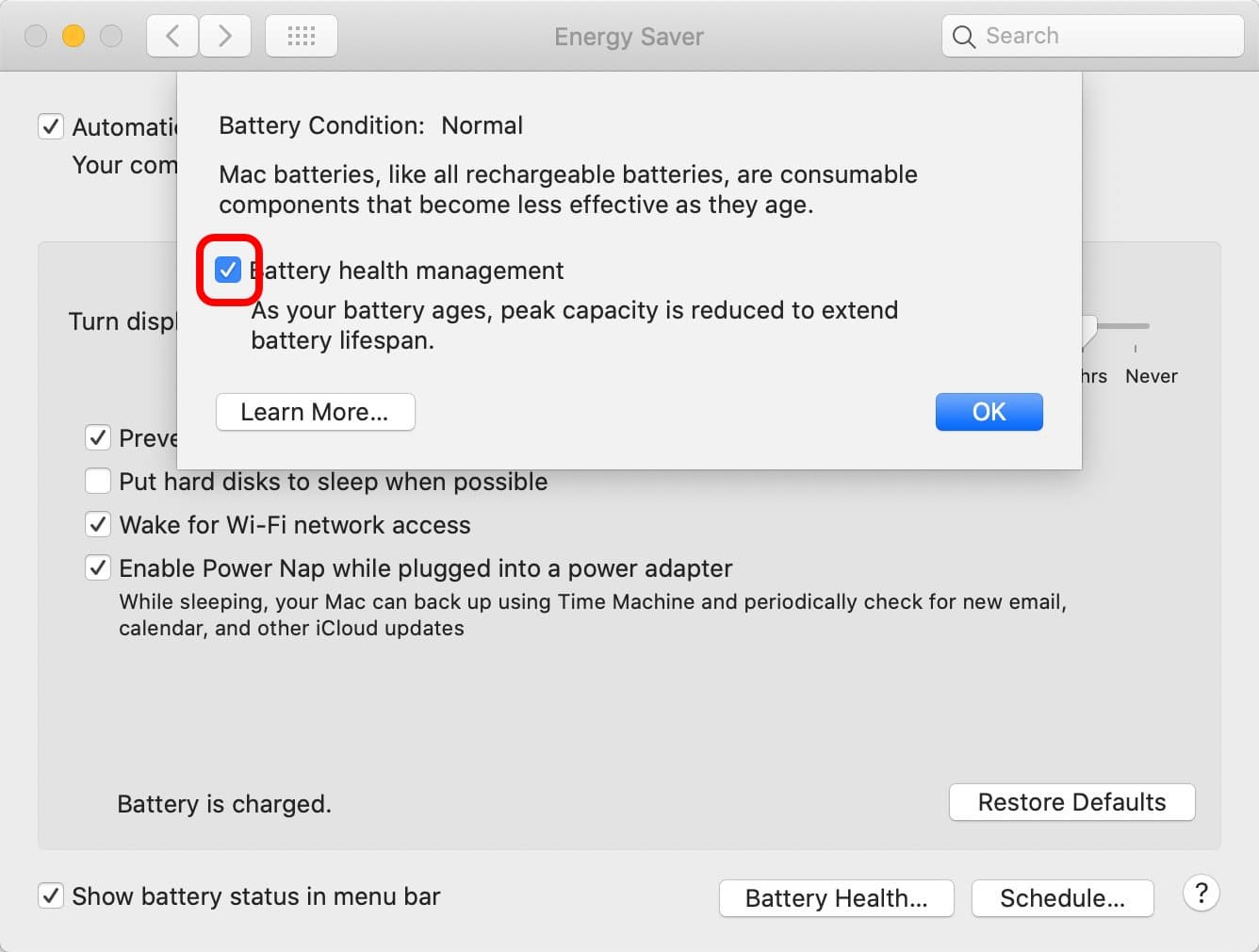 Battery Health Management macOS 10.15.5 Macbook Batterie Désactiver