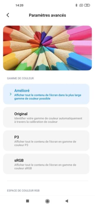 Réglages couleurs écran Xiaomi Mi 10