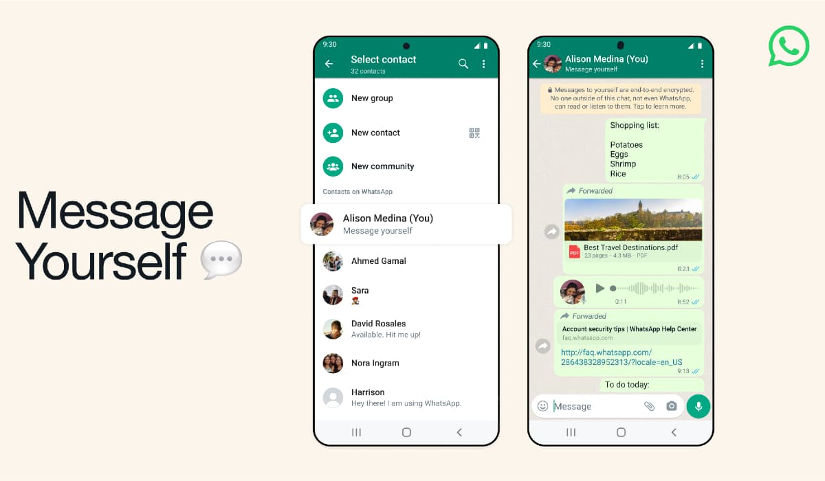 WhatsApp facilite l’envoi de messages à soi-même Android
