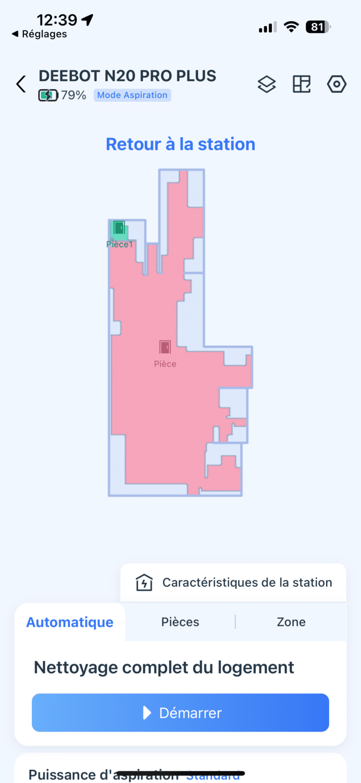 Interface principale de l'application ECOVACS HOME, permettant de contrôler et de personnaliser les paramètres de nettoyage du DEEBOT N20 PRO PLUS.