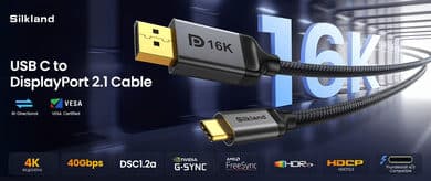 Silkland lance un câble USB C vers DP 2.1 16K, certifié VESA, pour des résolutions ultra-élevées.