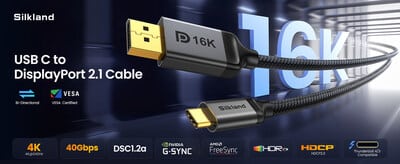 Silkland lance un câble USB C vers DP 2.1 16K, certifié VESA, pour des résolutions ultra-élevées.