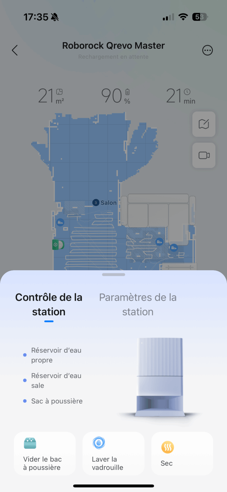 Détail de la consommation d’eau et batterie dans l'application