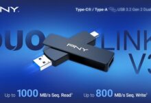 PNY dévoile la nouvelle clé USB 3.2 Gen 2 Type-C® OTG DUO LINK™ V3, compatible avec les smartphones, les tablettes, les ordinateurs portables et les ordinateurs de bureau.