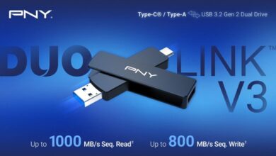 PNY dévoile la nouvelle clé USB 3.2 Gen 2 Type-C® OTG DUO LINK™ V3, compatible avec les smartphones, les tablettes, les ordinateurs portables et les ordinateurs de bureau.