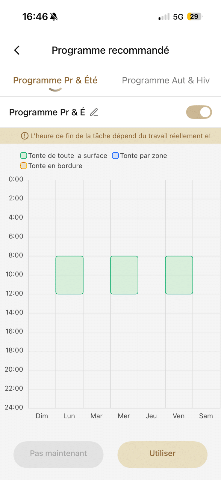 Planning saisonnier sur l'application DreameHome