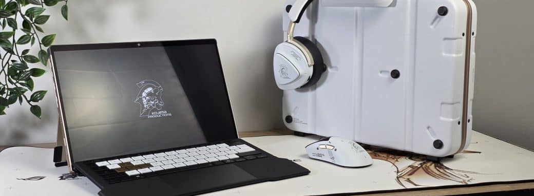 ASUS ROG Flow Z13 Kojima Productions Edition avec ses accessoires assortis sur un bureau