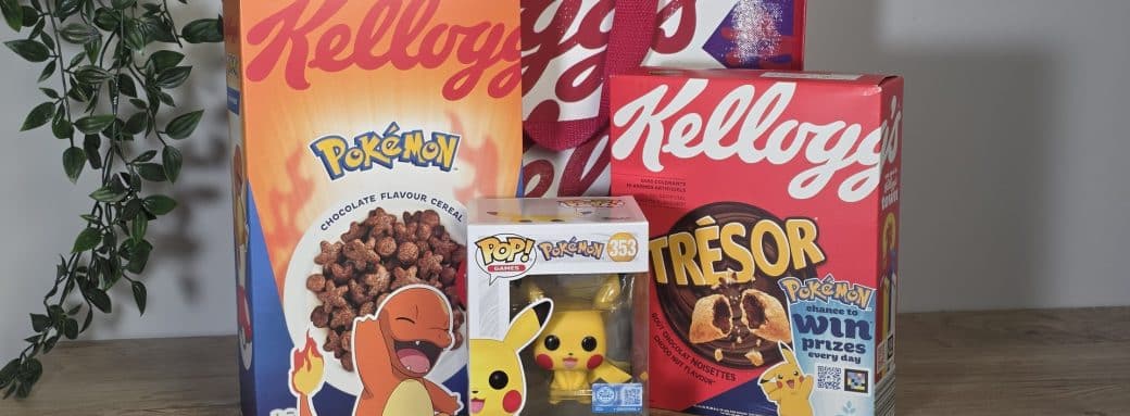 Collection Kellogg's x Pokémon de la rentrée : boîte de céréales chocolat édition spéciale, paquet Trésor Pokémon, figurine Funko Pop Pikachu et tote bag Kellogg's