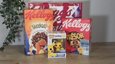 Collection Kellogg's x Pokémon de la rentrée : boîte de céréales chocolat édition spéciale, paquet Trésor Pokémon, figurine Funko Pop Pikachu et tote bag Kellogg's