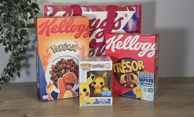 Collection Kellogg's x Pokémon de la rentrée : boîte de céréales chocolat édition spéciale, paquet Trésor Pokémon, figurine Funko Pop Pikachu et tote bag Kellogg's