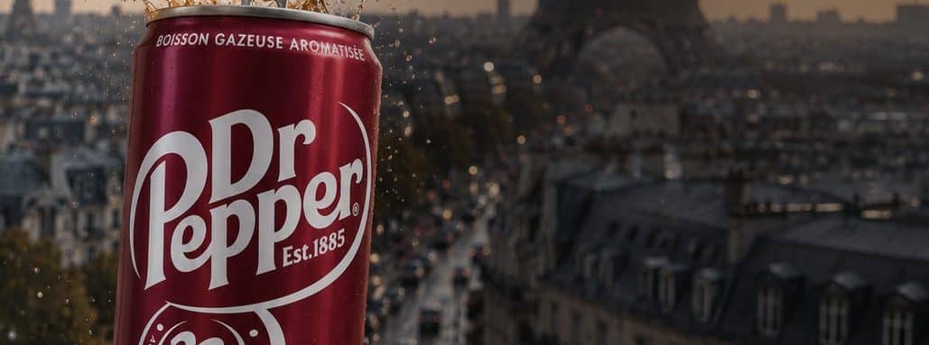 Canette de Dr Pepper 33 cl tenue devant la Tour Eiffel