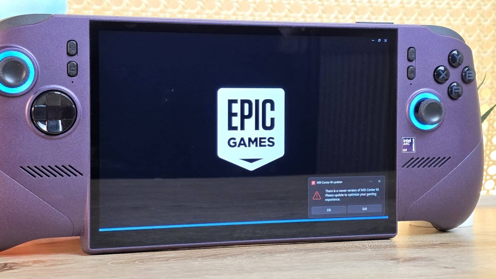 Popup MSI Center M par-dessus le lanceur Epic Games sur la MSI Claw 8 EX AI+