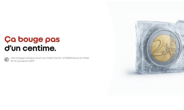 Prix forfait Free : la page d'engagement « ça bouge pas » de Free Mobile, avec une pièce de 2 euros dans un bloc de glace