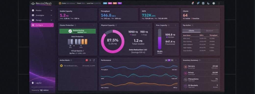 Interface du tableau de bord NeuralMesh 6 de WEKA, avec les indicateurs de capacité et de performance