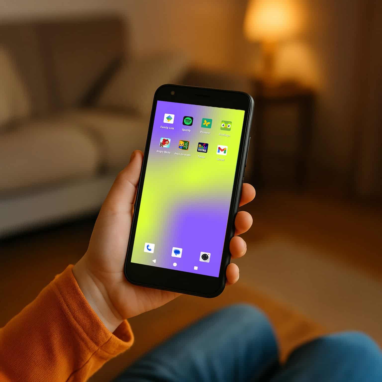 Un enfant tient en main un smartphone Neow, le smartphone enfant pensé pour un premier téléphone à la rentrée