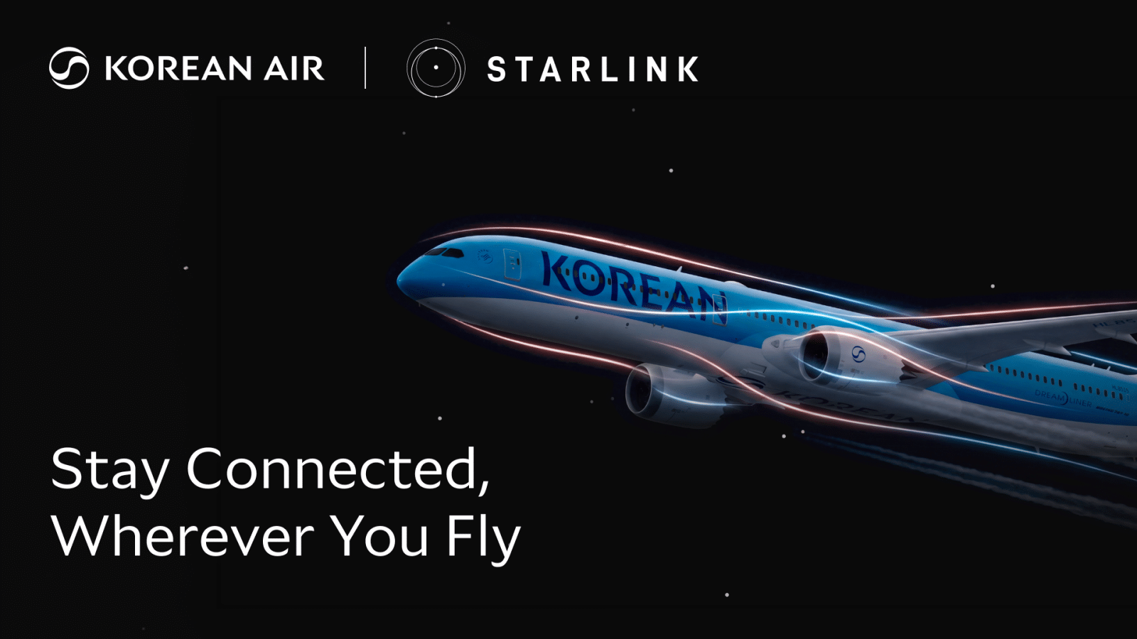 Visuel de marque Korean Air et Starlink, avion stylisé sur fond spatial