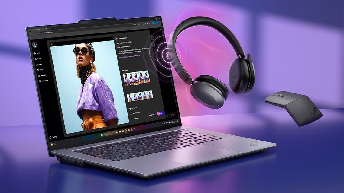 Accessoires ThinkPad Aura Edition : casque 8550 et souris de présentation Bluetooth à côté d'un portable