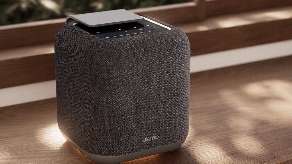 Enceinte Wi-Fi Jamo HYG 5 gris foncé posée sur un meuble en bois, anneau lumineux allumé